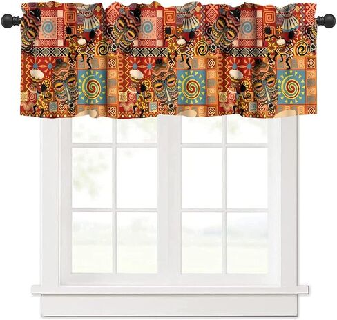 African Valance Curtain, Traditional Tribal Drum Mask Patchwork Ethnic Cultural Boho Decor Window Drapes for Kitchen Bedroom Living Room, 54x18Inch in Saudi Arabia