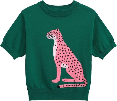 OXKNIT Women's Green Knitted T-Shirt, Retro Animal Pattern Crewneck Cotton Short Sleeve- Cropped Length in Kuwait