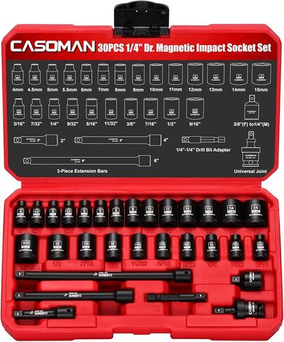 CASOMAN 30PCS 1/4" Drive Magnetic Shallow Impact Socket Set, 6 Point, CR-MO, SAE & Metric, Include Extension Bars, Socket & Hex shank Adapters, Universal Joint in Saudi Arabia