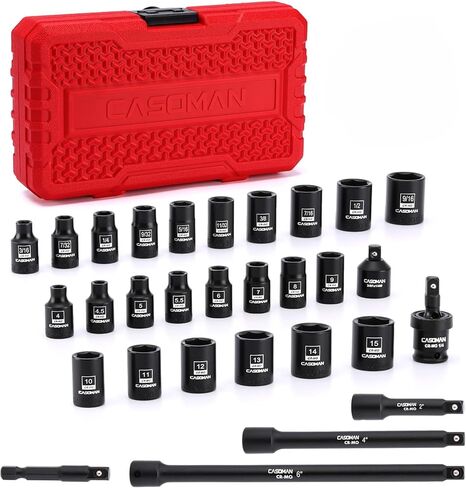 CASOMAN 30PCS 1/4" Drive Magnetic Shallow Impact Socket Set, 6 Point, CR-MO, SAE & Metric, Include Extension Bars, Socket & Hex shank Adapters, Universal Joint in Saudi Arabia