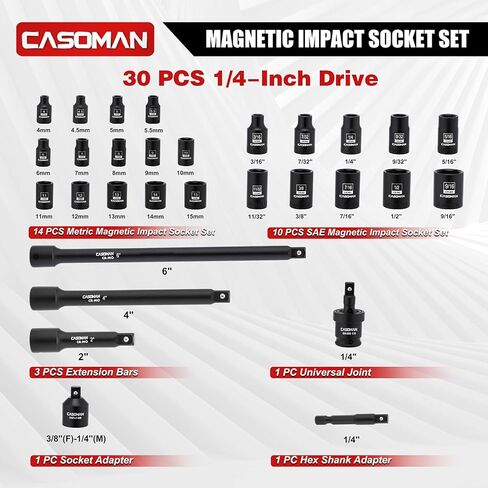 CASOMAN 30PCS 1/4" Drive Magnetic Shallow Impact Socket Set, 6 Point, CR-MO, SAE & Metric, Include Extension Bars, Socket & Hex shank Adapters, Universal Joint in Saudi Arabia