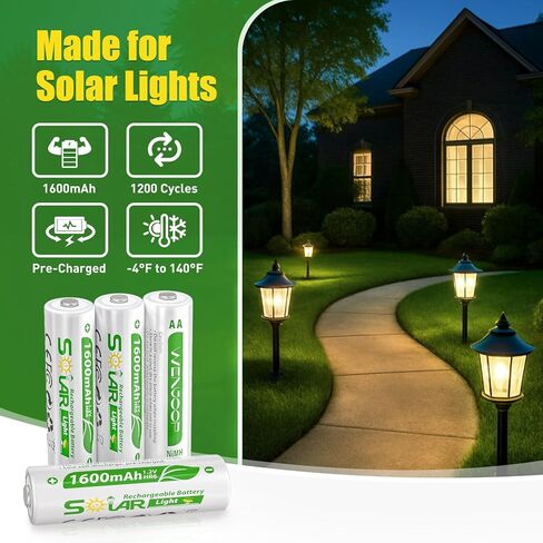 بطاريات AA قابلة لإعادة الشحن للأضواء الشمسية، NiMH 1.2V 1600mAh، مشحونة مسبقًا منخفضة التفريغ الذاتي، 16 حزمة بديلة للحديقة الخارجية، المسار، سطح السفينة/السياج وأضواء سلسلة الطاقة الشمسية in Kuwait