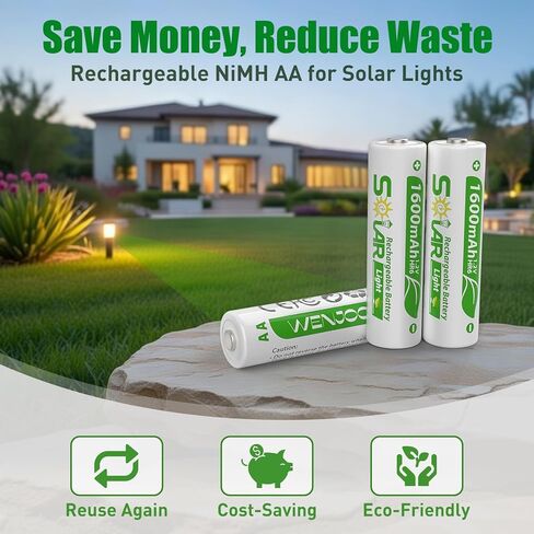 بطاريات AA قابلة لإعادة الشحن للأضواء الشمسية، NiMH 1.2V 1600mAh، مشحونة مسبقًا منخفضة التفريغ الذاتي، 16 حزمة بديلة للحديقة الخارجية، المسار، سطح السفينة/السياج وأضواء سلسلة الطاقة الشمسية in Kuwait