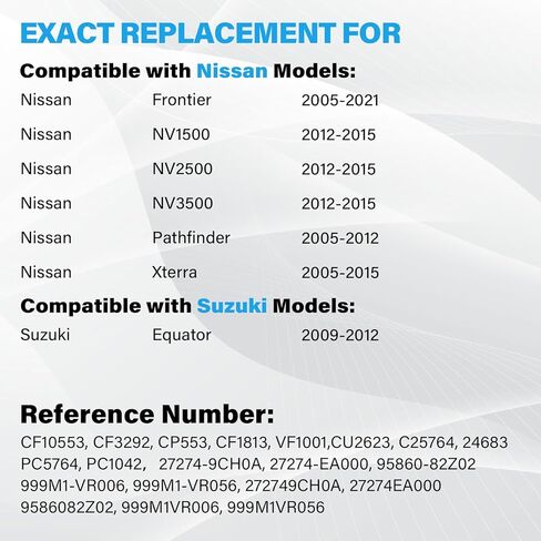 استبدال فلتر هواء المقصورة HEPA CF10553 متوافق مع Nissan Frontier 2005-2021، NV1500/NV2500/NV3500 2012-2015، Pathfinder 2005-2012، Xterra 2005-2015؛Suzuki Equator 2009-2012 in Kuwait