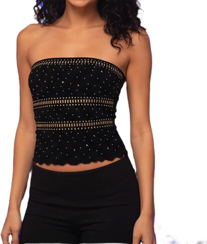 Amiblvowa Women Beaded Tube Tops Strapless Sleeveless Backless Y2k Slim Fit Crop Bandeau Embellished Studded Sexy Fitted Vest in Saudi Arabia