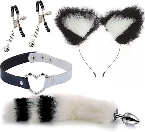 Collar and Nipple Clamps Cat Ears Butt Plug Stainless Steel Anal Plug with Faux Fur - Fox Tail Costume Cosplay - Sex Toy Pleasure Stimulator Flirting Supplies in Kuwait