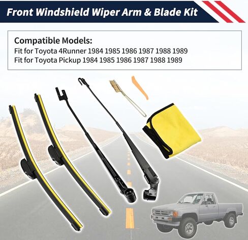 زوج واحد من ذراع ممسحة الزجاج الأمامي ومجموعة شفرات 17 بوصة متوافقة مع Toyota 4Runner / Pickup 1984 1985 1986 1987 1988 1989، استبدال 85210-89102 85190-89132 in Saudi Arabia