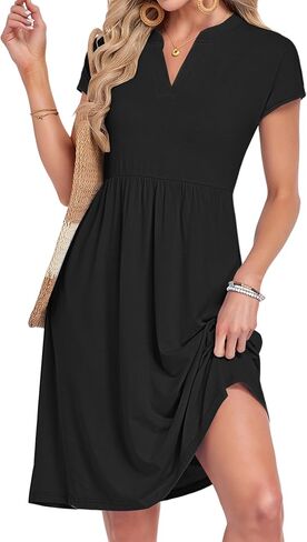 Women's Short Sleeve Summer Dress Pleated V Neck Loose Knee Length Dresses with Pockets 2026 New in Saudi Arabia