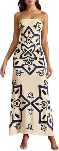Women's Boho Print Tube Top Dress Summer Strapless Bodycon Maxi Dress Beach Vacation Clothes in Saudi Arabia