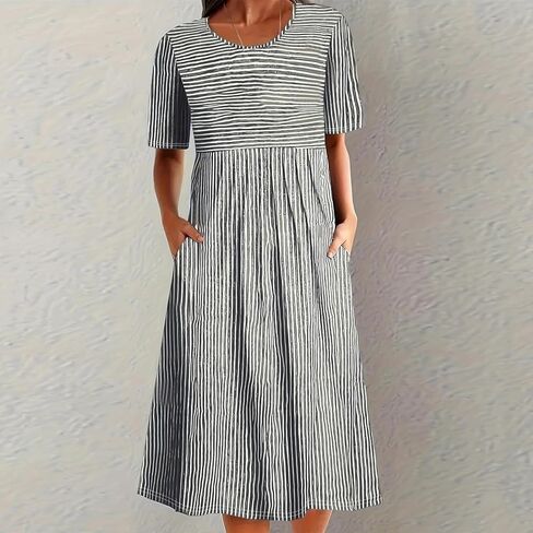 Women's Summer Casual Striped Print Dress，Round Neck Pocket Short Sleeve Dress in Saudi Arabia