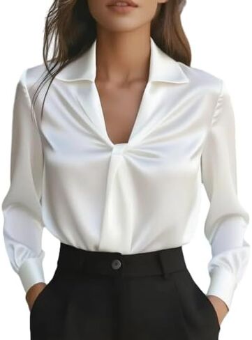 OSCORP Women’s Satin Blouse with Collared Knot Front and Draped Long Sleeves, Elegant Soft Glossy Shirt for Work Daily Wear in Saudi Arabia