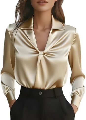 OSCORP Women’s Satin Blouse with Collared Knot Front and Draped Long Sleeves, Elegant Soft Glossy Shirt for Work Daily Wear in Saudi Arabia