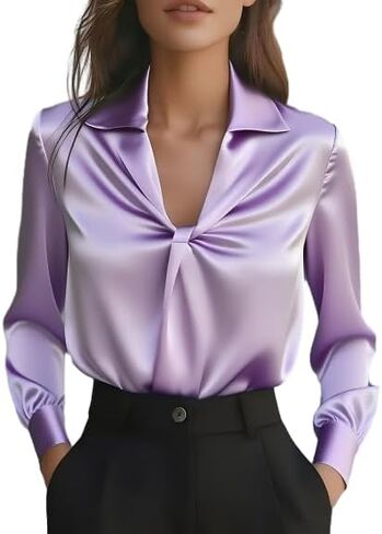 OSCORP Women’s Satin Blouse with Collared Knot Front and Draped Long Sleeves, Elegant Soft Glossy Shirt for Work Daily Wear in Saudi Arabia