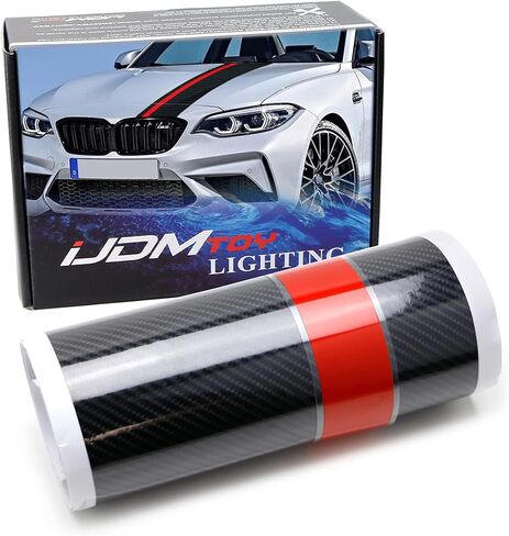 iJDMTOY 7-Inch Width Gloss Black 5D Carbon Fiber Pattern w/Red Rally Stripe Vinyl Graphics Decal Kit, Universal Fit for Most Car Hood or Trunk Decoration in Kuwait