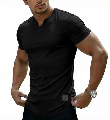 Muscle Slim Fit V Neck T Shirts Men Casual Longline Ribbed Short Sleeve Henley Shirts Plain Gym Workout Athletic Hipster Tee in Kuwait