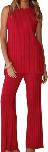 LANBAILAN Two Pieces Outfits Sleeveless Top Knit Sets Trendy Lounge Long Pajamas Set in Saudi Arabia