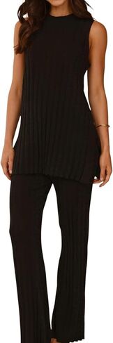 LANBAILAN Two Pieces Outfits Sleeveless Top Knit Sets Trendy Lounge Long Pajamas Set in Saudi Arabia