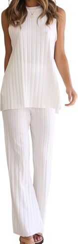 LANBAILAN Two Pieces Outfits Sleeveless Top Knit Sets Trendy Lounge Long Pajamas Set in Saudi Arabia
