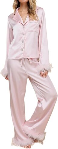 المرأة ريشة تقليم منامة الساتان 2 قطعة كم طويل زر أسفل ملابس النوم قميص الزفاف والسراويل صالة مجموعة in Kuwait