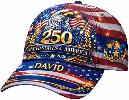 قبعة LOVELYPOD الأمريكية المخصصة للذكرى السنوية الـ 250 مطبوعة ثلاثية الأبعاد، القبعة الوطنية الأمريكية رقم 250 مع الاسم، قبعة 1776-2026 in Kuwait