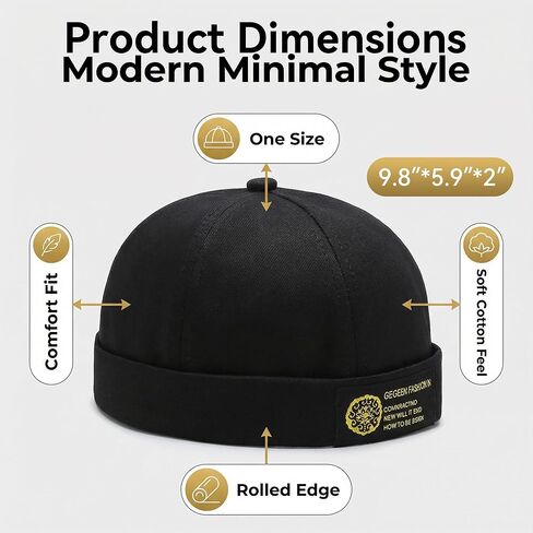 Brimless Hats for Men, Low-Profile Black Cuff Beanie with Rolled Edge, Soft Cotton Fabric Feel, One Size Casual Cap for Travel, Work, and Daily Wear, 1 Piece in Saudi Arabia