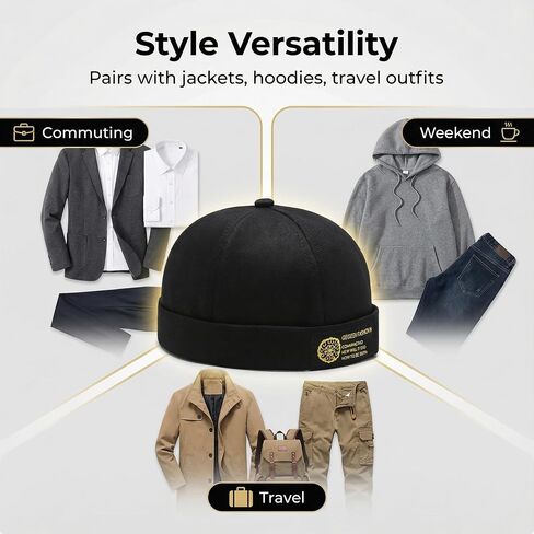 Brimless Hats for Men, Low-Profile Black Cuff Beanie with Rolled Edge, Soft Cotton Fabric Feel, One Size Casual Cap for Travel, Work, and Daily Wear, 1 Piece in Saudi Arabia