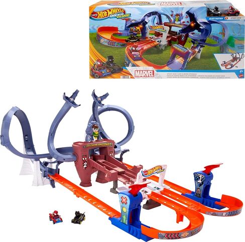 Hot Wheels Toy Car Track Set, RacerVerse Spider-Man’s Web-Slinging Speedway, Competitive Race with 2 Die-Cast Vehicles: Spider-Man & Black Panther in Saudi Arabia