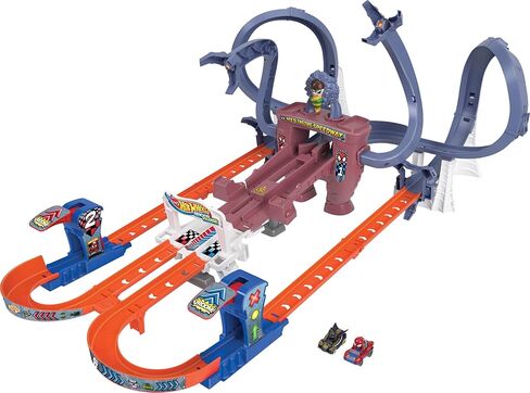 Hot Wheels Toy Car Track Set, RacerVerse Spider-Man’s Web-Slinging Speedway, Competitive Race with 2 Die-Cast Vehicles: Spider-Man & Black Panther in Saudi Arabia