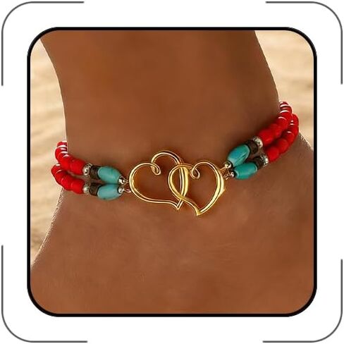 Elastic Beaded Ankle Bracelets for Women Double Heart Layered Stretch Ankle Bracelets Waterproof Dainty Boho Beaded Anklets for Summer Beach Foot Jewelry in Kuwait