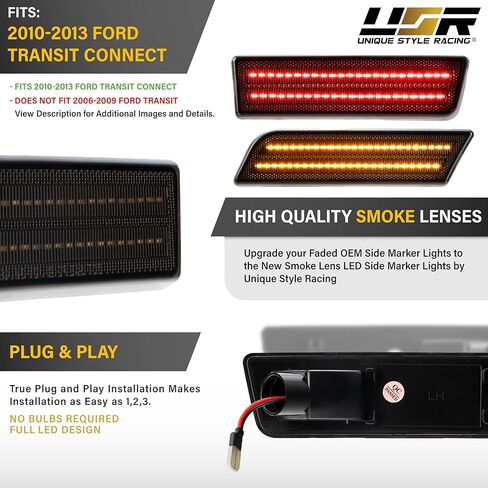 USR 10-13 MK7 Front & Rear Side Marker Light – Parking Lamps (Left + Right) 4pc Set - Compatible with 2010-2013 Ford Transit Connect Mini Cargo Van All Models (SMOKE LENS with RED and AMBER LED) in Saudi Arabia