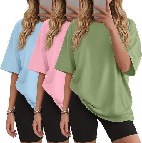 3 Pack Women's Oversized T Shirts Cotton Workout Crewneck Tops Short Sleeve Loose Fit Basic Tees Gym Summer in Kuwait