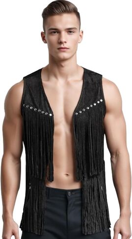 Men's Faux Suede 70s Hippie Cardigan Western Cowboy Sleeveless Costume Fringe Vest Tassel Jacket in Saudi Arabia