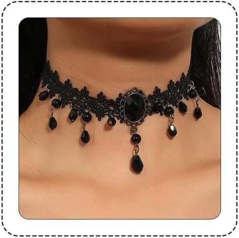 Bethynas القوطية الأسود الدانتيل الكريستال المختنق قلادة مثير الأحجار الكريمة قلادة الرقبة سلسلة هالوين المجوهرات للنساء الفتيات in Kuwait