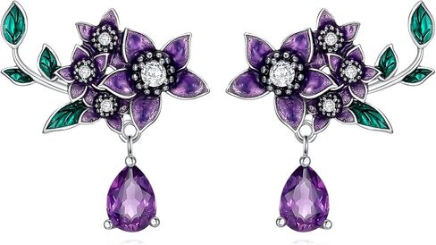 Genuine Amethyst with Flower Studs 925 Sterling Silver 7 * 5mm Teardrop Feburary Birthstone with Purple Flower Earrings for Women in Kuwait