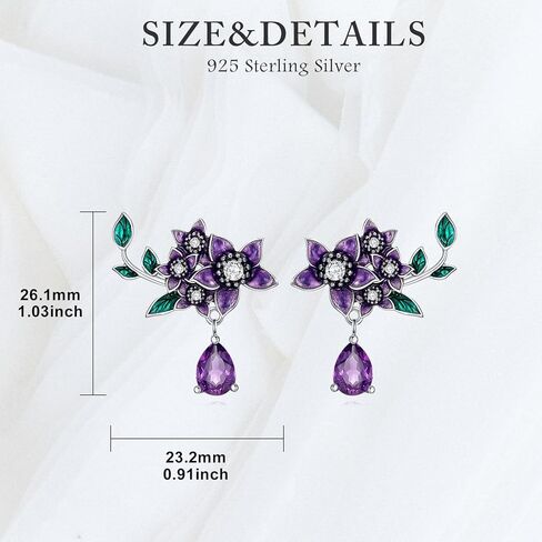 Genuine Amethyst with Flower Studs 925 Sterling Silver 7 * 5mm Teardrop Feburary Birthstone with Purple Flower Earrings for Women in Kuwait
