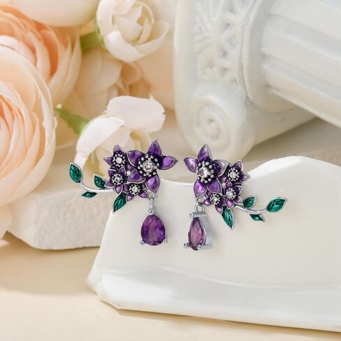 Genuine Amethyst with Flower Studs 925 Sterling Silver 7 * 5mm Teardrop Feburary Birthstone with Purple Flower Earrings for Women in Kuwait