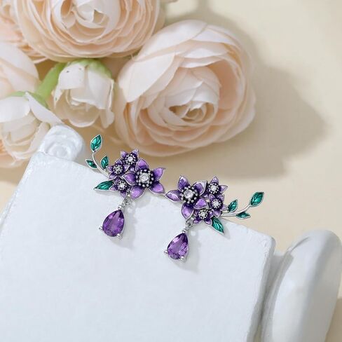 Genuine Amethyst with Flower Studs 925 Sterling Silver 7 * 5mm Teardrop Feburary Birthstone with Purple Flower Earrings for Women in Kuwait