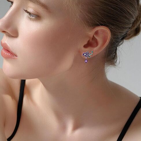 Genuine Amethyst with Flower Studs 925 Sterling Silver 7 * 5mm Teardrop Feburary Birthstone with Purple Flower Earrings for Women in Kuwait
