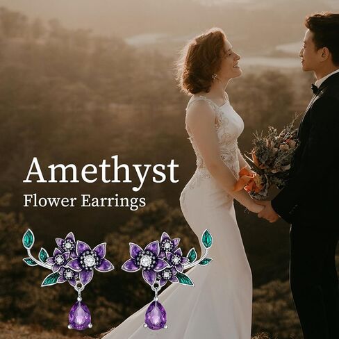 Genuine Amethyst with Flower Studs 925 Sterling Silver 7 * 5mm Teardrop Feburary Birthstone with Purple Flower Earrings for Women in Kuwait