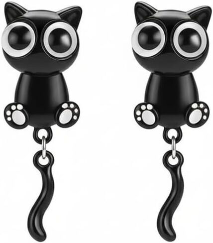 أقراط رائعة على شكل قطة سوداء للنساء، أقراط على شكل قطة سوداء لطيفة من سبائك المينا مع ذيل متدلي، مقاس 1.18 × 0.39 بوصة على شكل قطة كرتونية in Kuwait