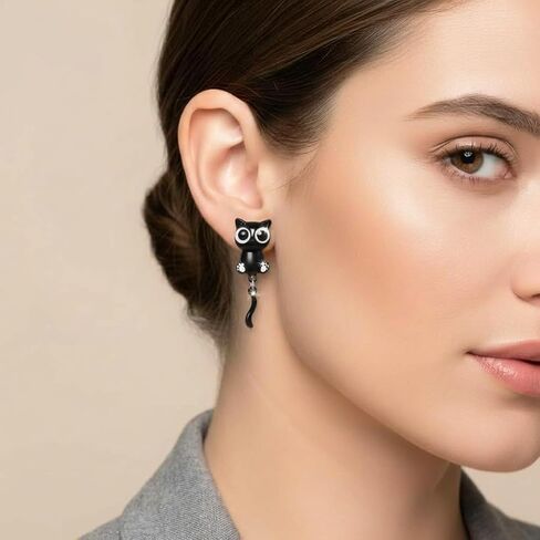 أقراط رائعة على شكل قطة سوداء للنساء، أقراط على شكل قطة سوداء لطيفة من سبائك المينا مع ذيل متدلي، مقاس 1.18 × 0.39 بوصة على شكل قطة كرتونية in Kuwait