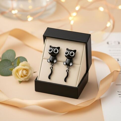 أقراط رائعة على شكل قطة سوداء للنساء، أقراط على شكل قطة سوداء لطيفة من سبائك المينا مع ذيل متدلي، مقاس 1.18 × 0.39 بوصة على شكل قطة كرتونية in Kuwait