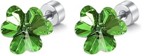 Shamrock Green Cubic Zirconia Small Cartilage Stud Earrings for Women Minimalist Sparkly Crystal Heart Love Clover Lucky Sleeper Studs Flat Screw Back Stainless Steel for St. Patrick's Day in Saudi Arabia