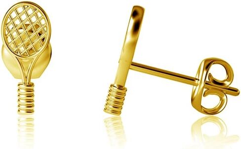Tennis Racket Post Earrings - 24K Gold over 925 Solid Sterling Silver Studs, Hypoallergenic Jewelry Gifts for Coaches and Women Athletes, Player and Team Sports Mini Charms by Dayna Designs in Saudi Arabia