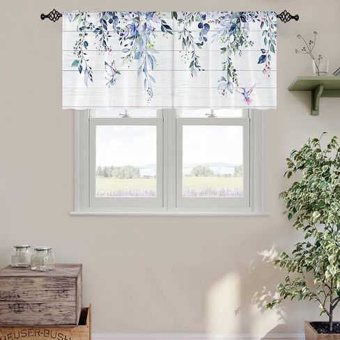 Farmhouse Eucalyptus Black Gray Leaves Curtain Toppers Valance for Window Treatments Boho Rustic Floral Rod Pocket Kitchen Window Drapes for Bathroom Bedroom Living Room 1 Panel (52x18 Inch) in Saudi Arabia