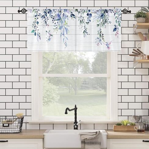 Farmhouse Eucalyptus Black Gray Leaves Curtain Toppers Valance for Window Treatments Boho Rustic Floral Rod Pocket Kitchen Window Drapes for Bathroom Bedroom Living Room 1 Panel (52x18 Inch) in Saudi Arabia