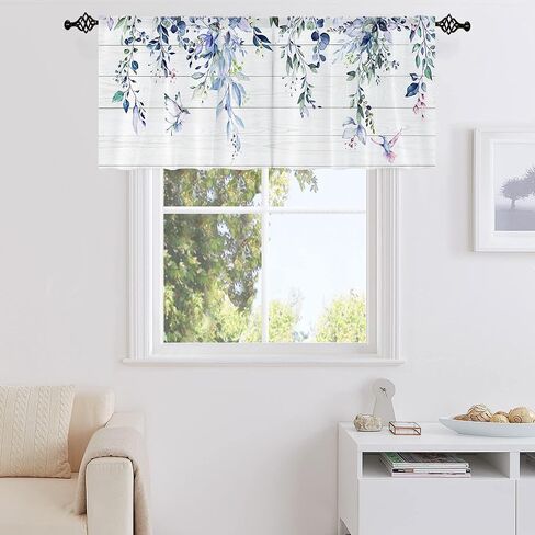 Farmhouse Eucalyptus Black Gray Leaves Curtain Toppers Valance for Window Treatments Boho Rustic Floral Rod Pocket Kitchen Window Drapes for Bathroom Bedroom Living Room 1 Panel (52x18 Inch) in Saudi Arabia