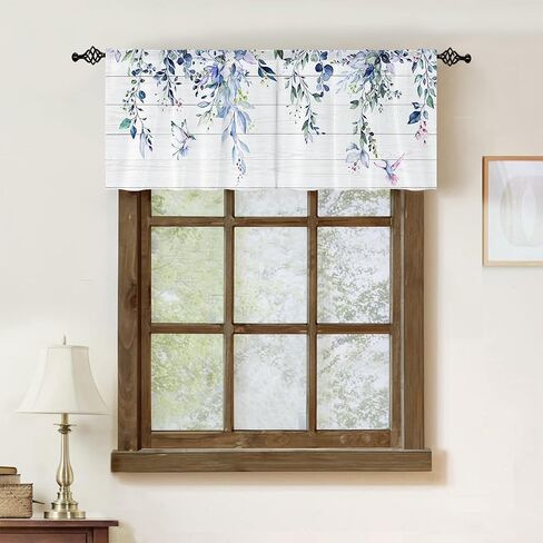 Farmhouse Eucalyptus Black Gray Leaves Curtain Toppers Valance for Window Treatments Boho Rustic Floral Rod Pocket Kitchen Window Drapes for Bathroom Bedroom Living Room 1 Panel (52x18 Inch) in Saudi Arabia