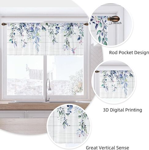 Farmhouse Eucalyptus Black Gray Leaves Curtain Toppers Valance for Window Treatments Boho Rustic Floral Rod Pocket Kitchen Window Drapes for Bathroom Bedroom Living Room 1 Panel (52x18 Inch) in Saudi Arabia