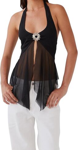 Women Halter Tie Up Top Sexy Sheer Mesh Sleeveless Backless Low Cut Flowy Tops in Saudi Arabia